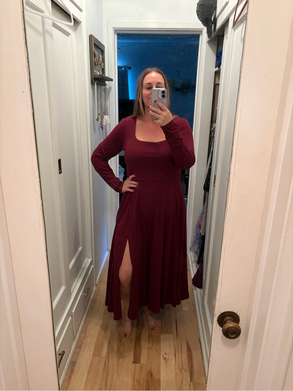 NWT American Eagle - Long Sleeve Burgundy Maxi Dress with Side Slit
